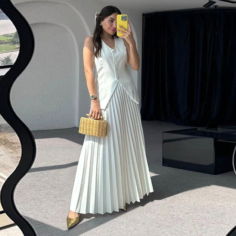 Summer Solid Color Chic Women's Vest Pleated Skirt Elegant Two-Piece Suit 3