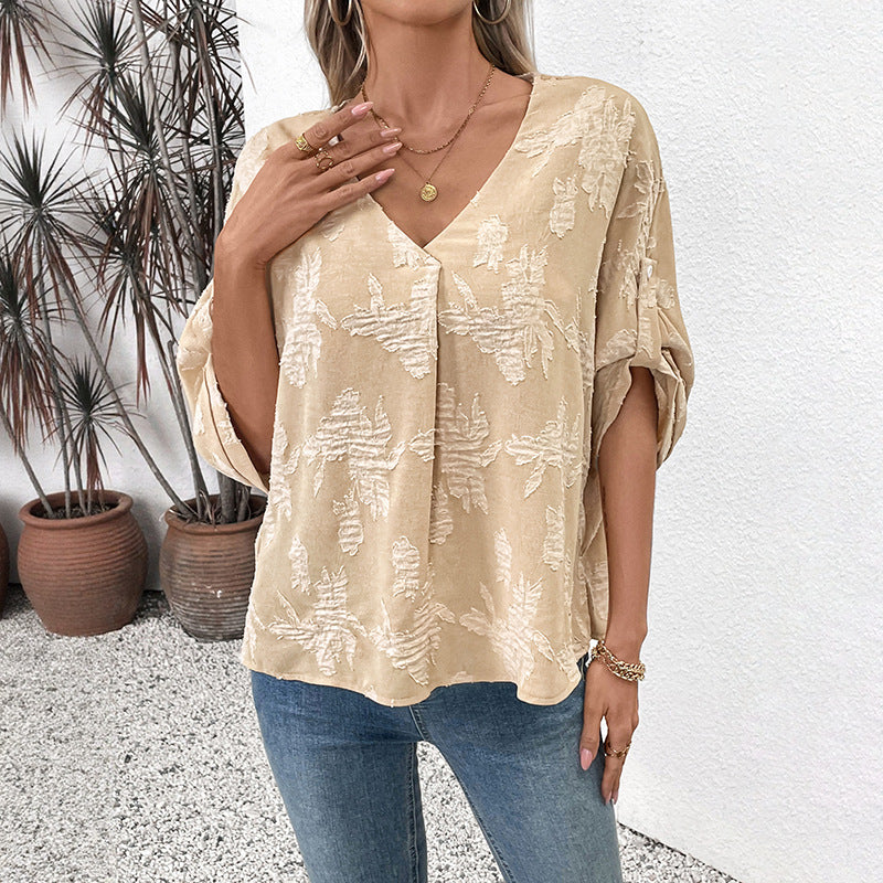 Spring and Summer Women's Bat-Sleeve  Jacquard Pullover Shirt 4