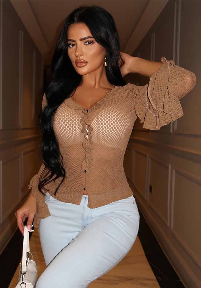 Women's Sexy Rufffled Slim T-Shirt Long Sleeve Bell Bottom Brown Top