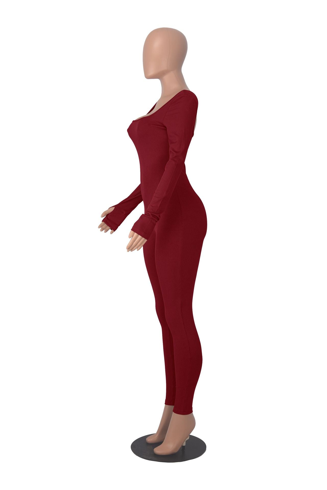 Women's Solid Color Long Sleeve Ribbed Square Neck Low Back Slim Fit Jumpsuit 26