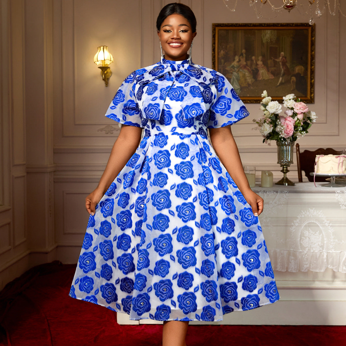 Semi-High Neck Lace-Up Bow Tie Collar A-Line Elegant Short Sleeve Party Dress 8