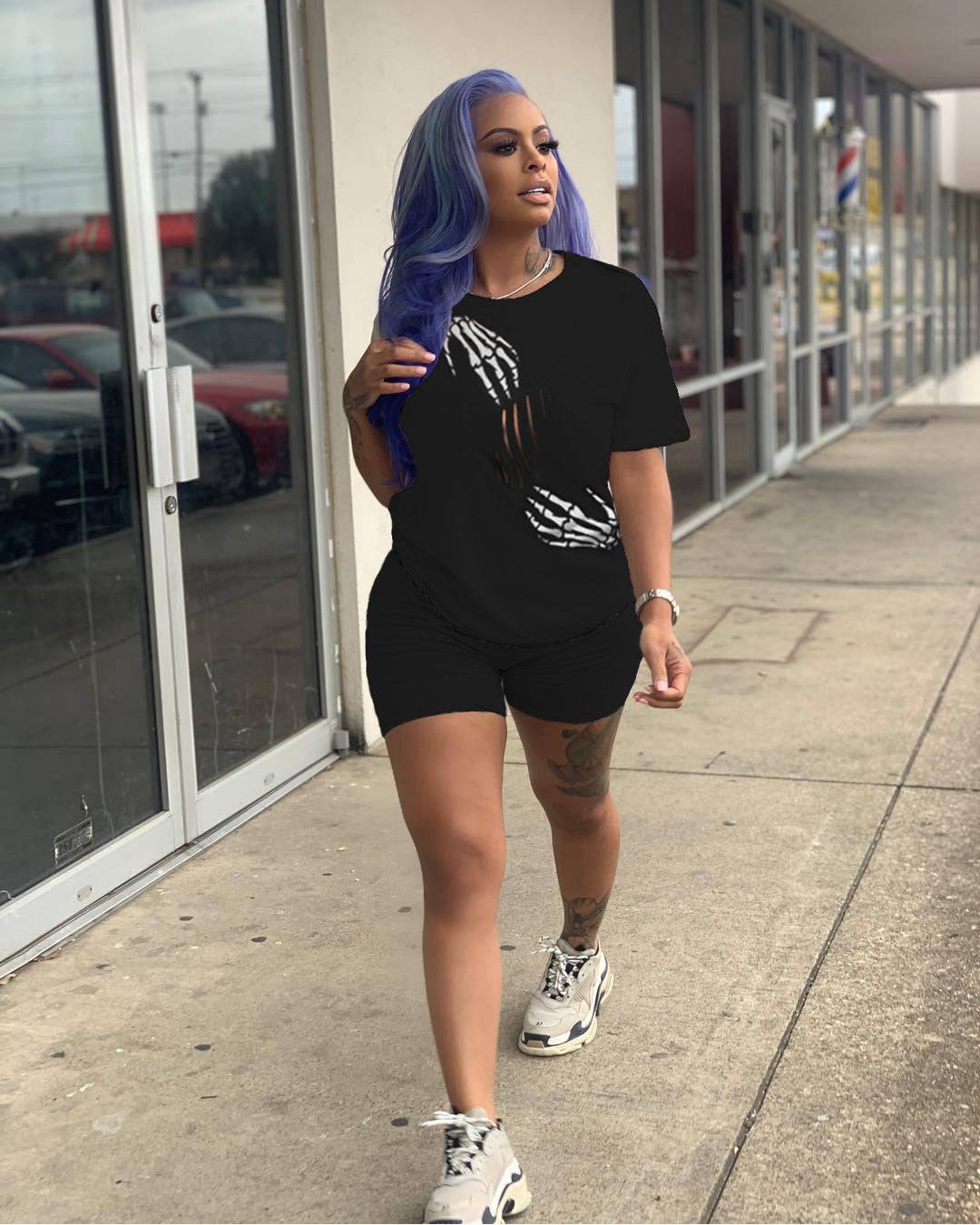 Women Casual Solid printed short-sleeved top and shorts two-piece set 4