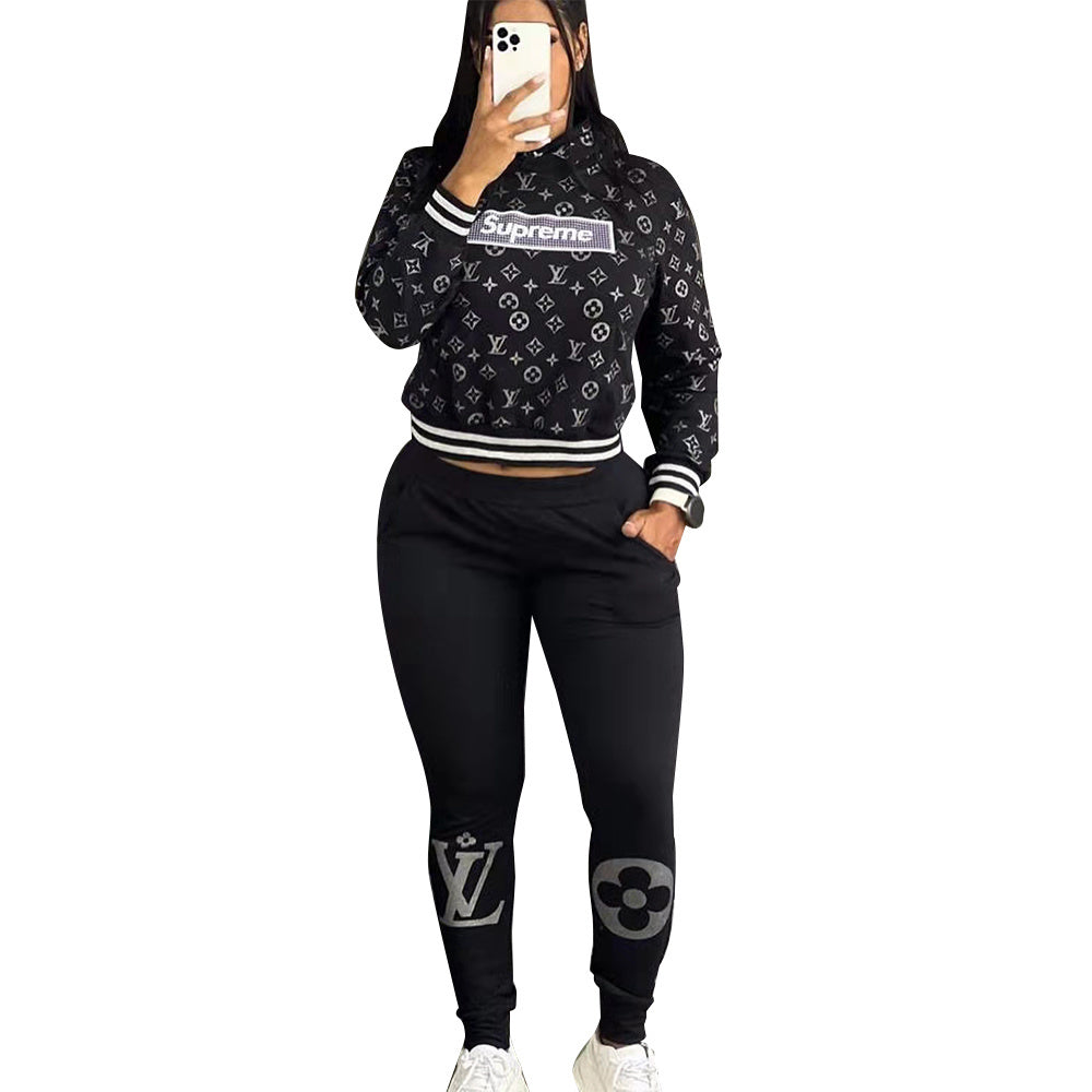 Women's Casual Fashion Ribbed Pocket Hoodies Two-Piece Pants Set 8