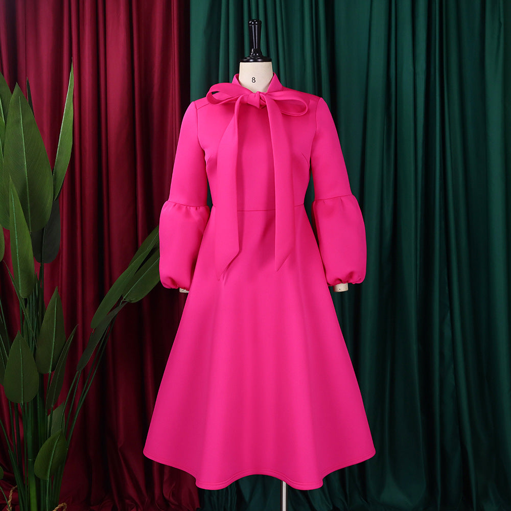 Women's Puff Sleeve Bow Tied High Waist A-Line Party Dress 30