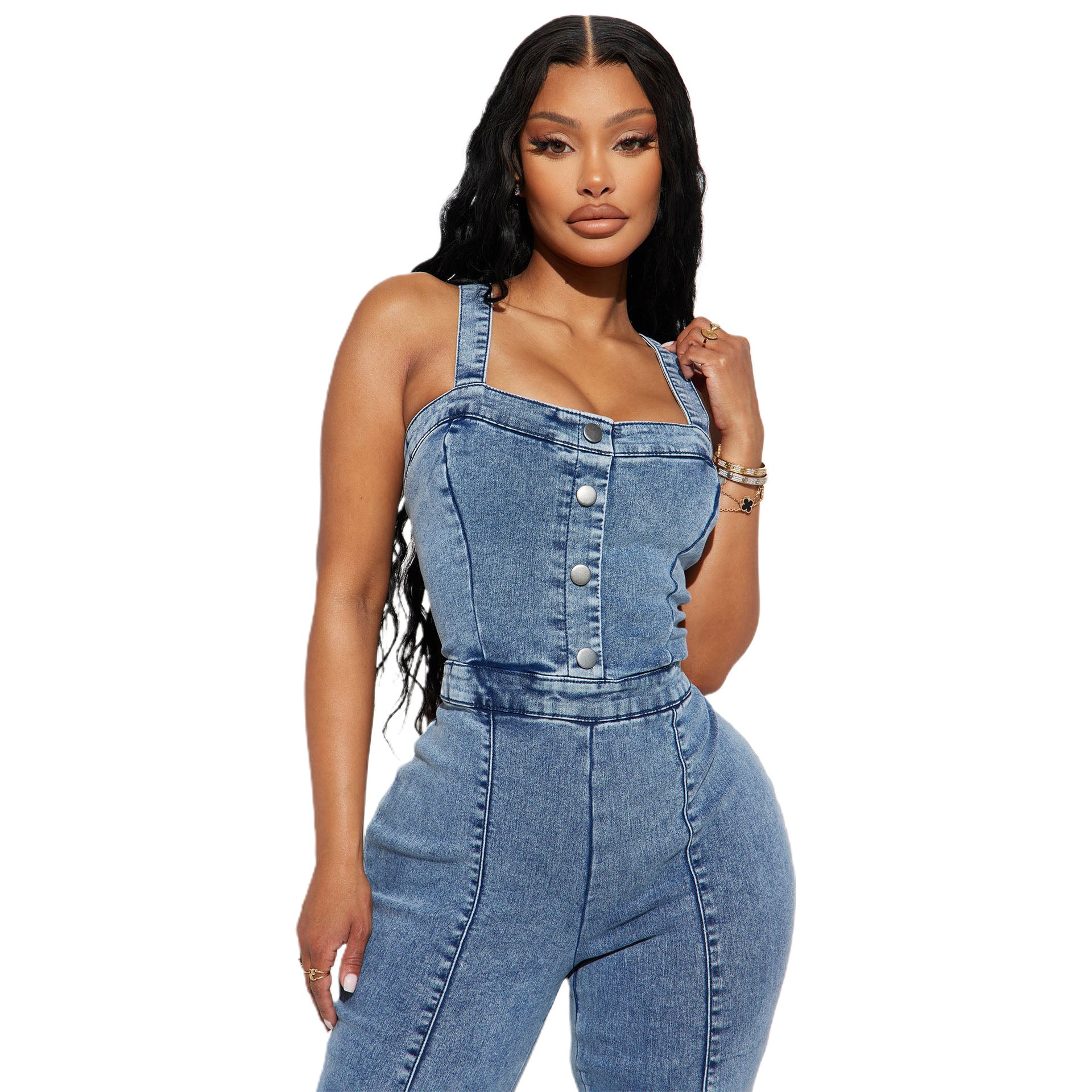 Women's Fashion Casual Sexy Suspenders Denim Jumpsuit Wide Leg Pants Bell Bottom Pants 6