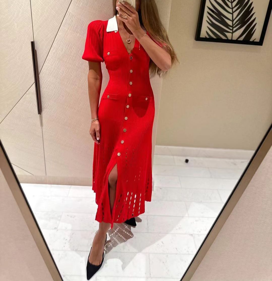 Women French Elegance Turndown Collar Contrast Hollow Short Sleeve Knitting Dress 3