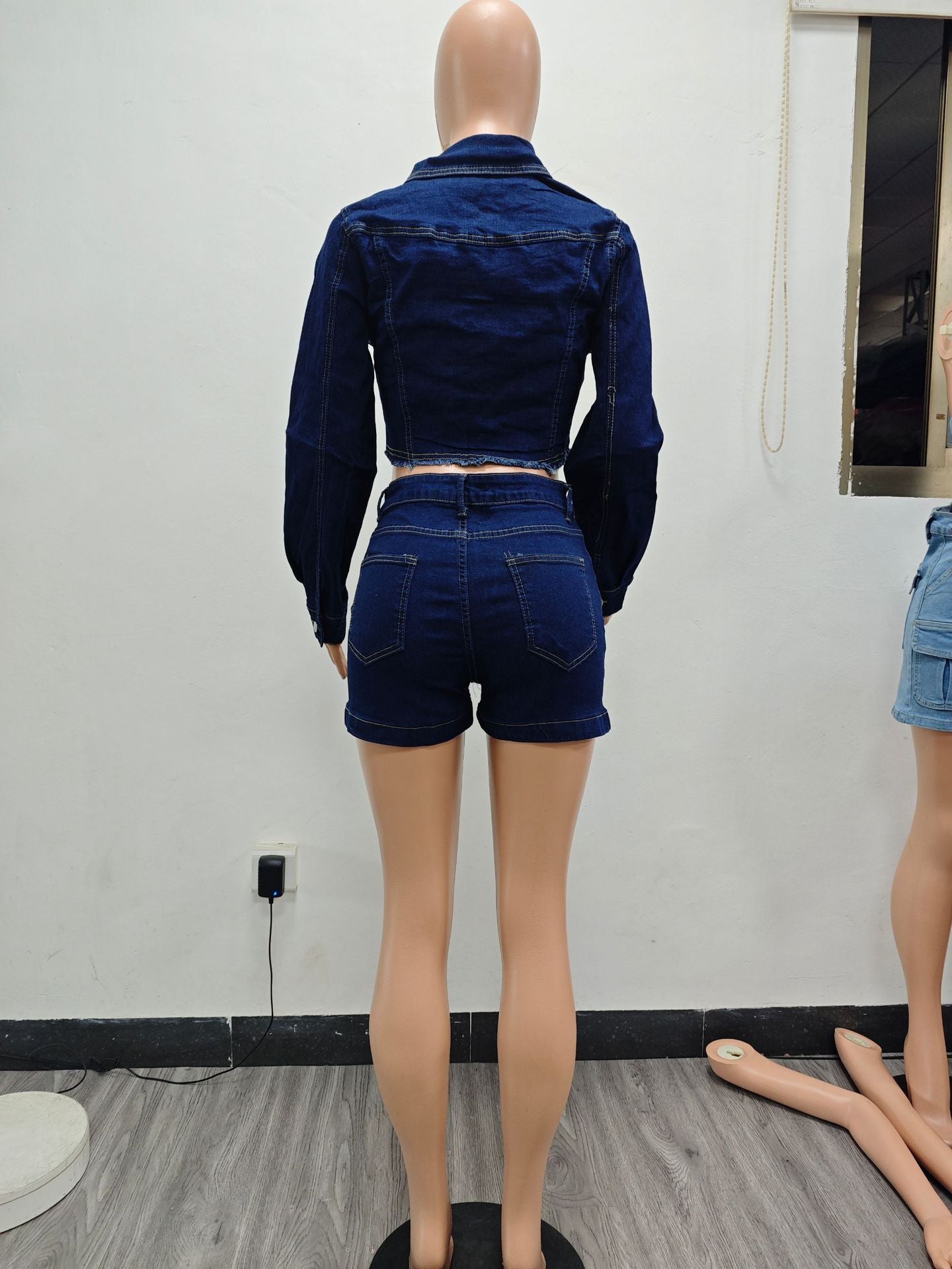 Women casual stretchy denim shorts long sleeve top two-piece set 9