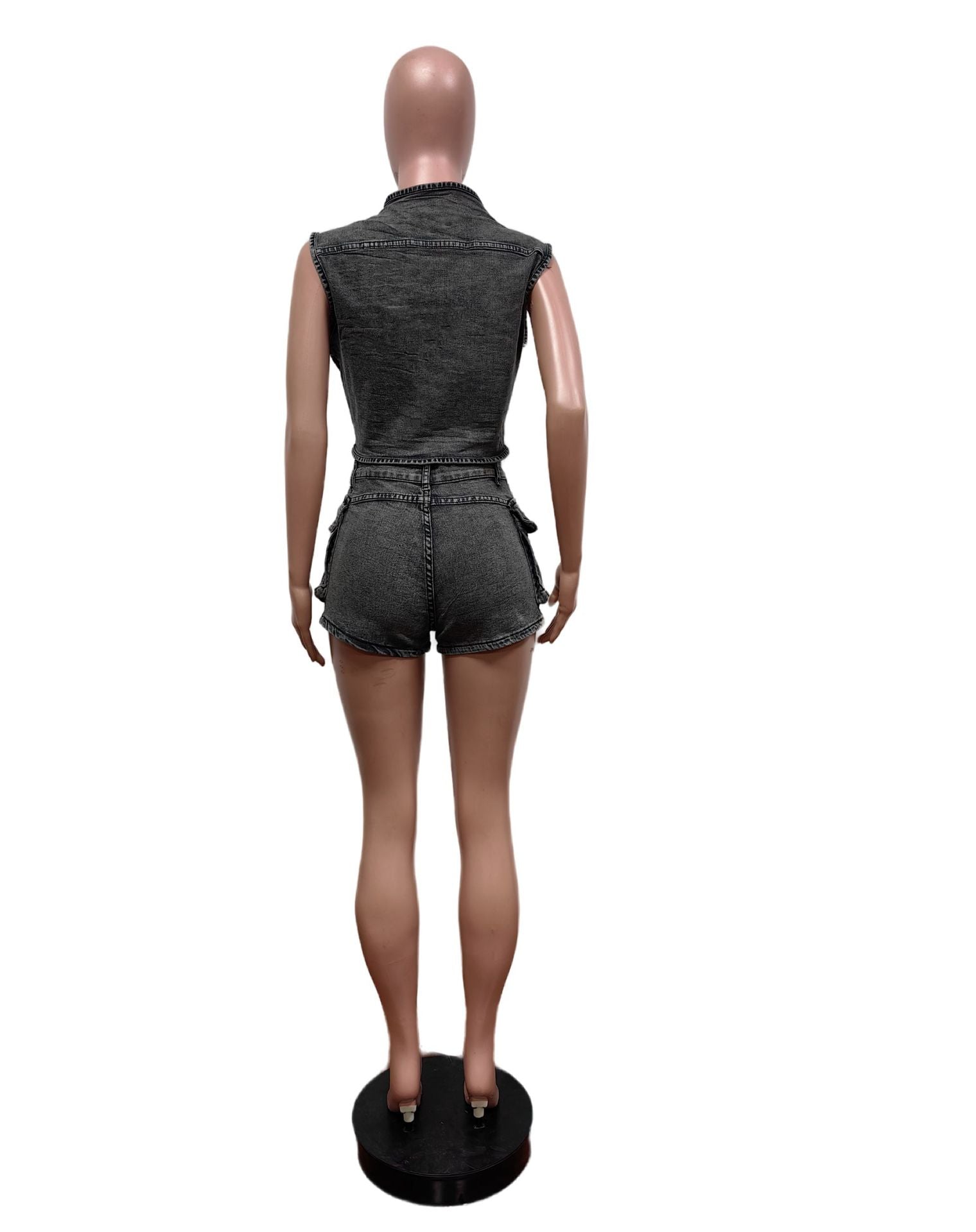 Denim Shorts Multi-Pocket Sleeveless Two Piece Denim Shorts Set 11