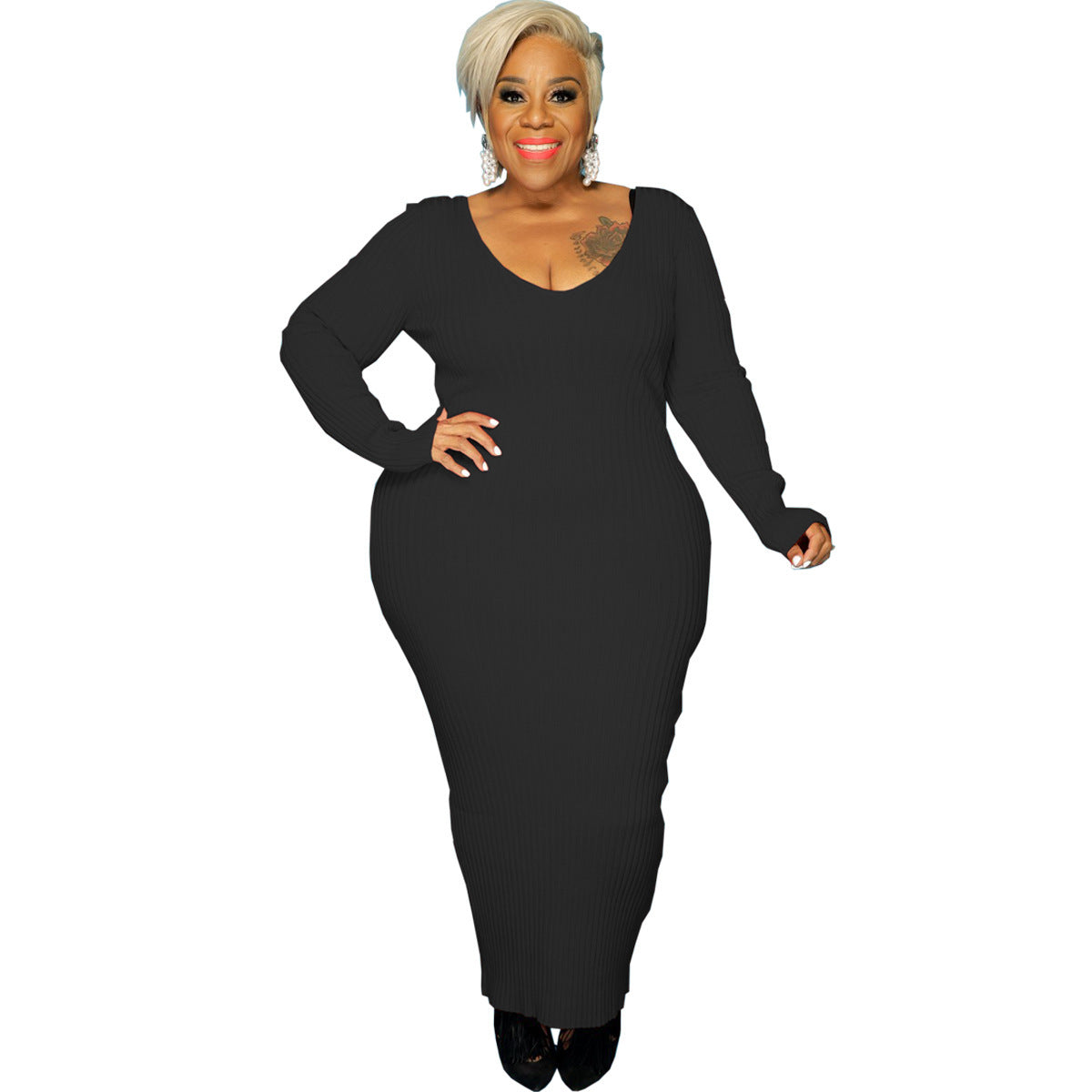 Plus Size Women Sexy Solid V-Neck Dress 7