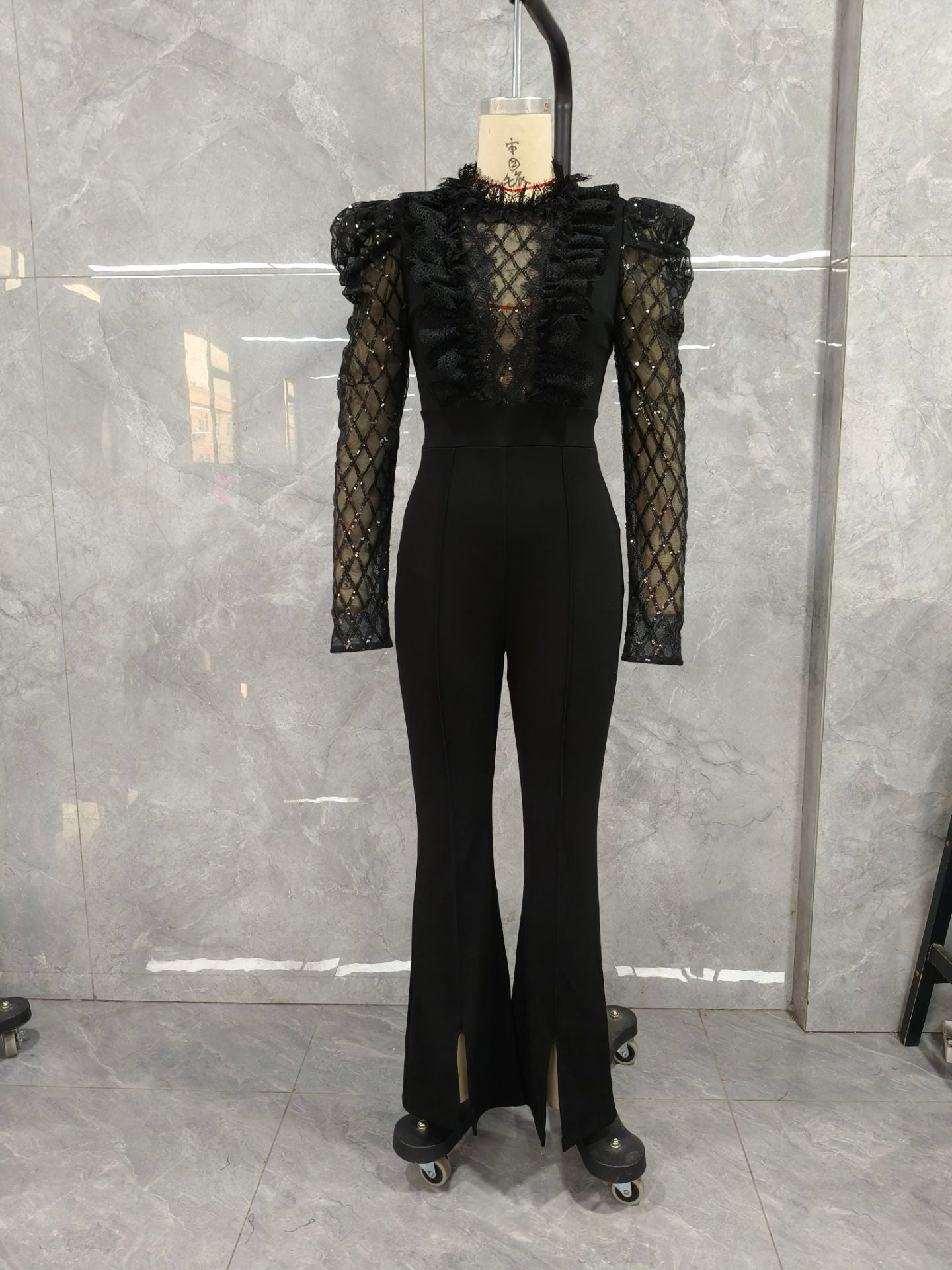 Women black sequin lace long sleeve slit jumpsuit 14