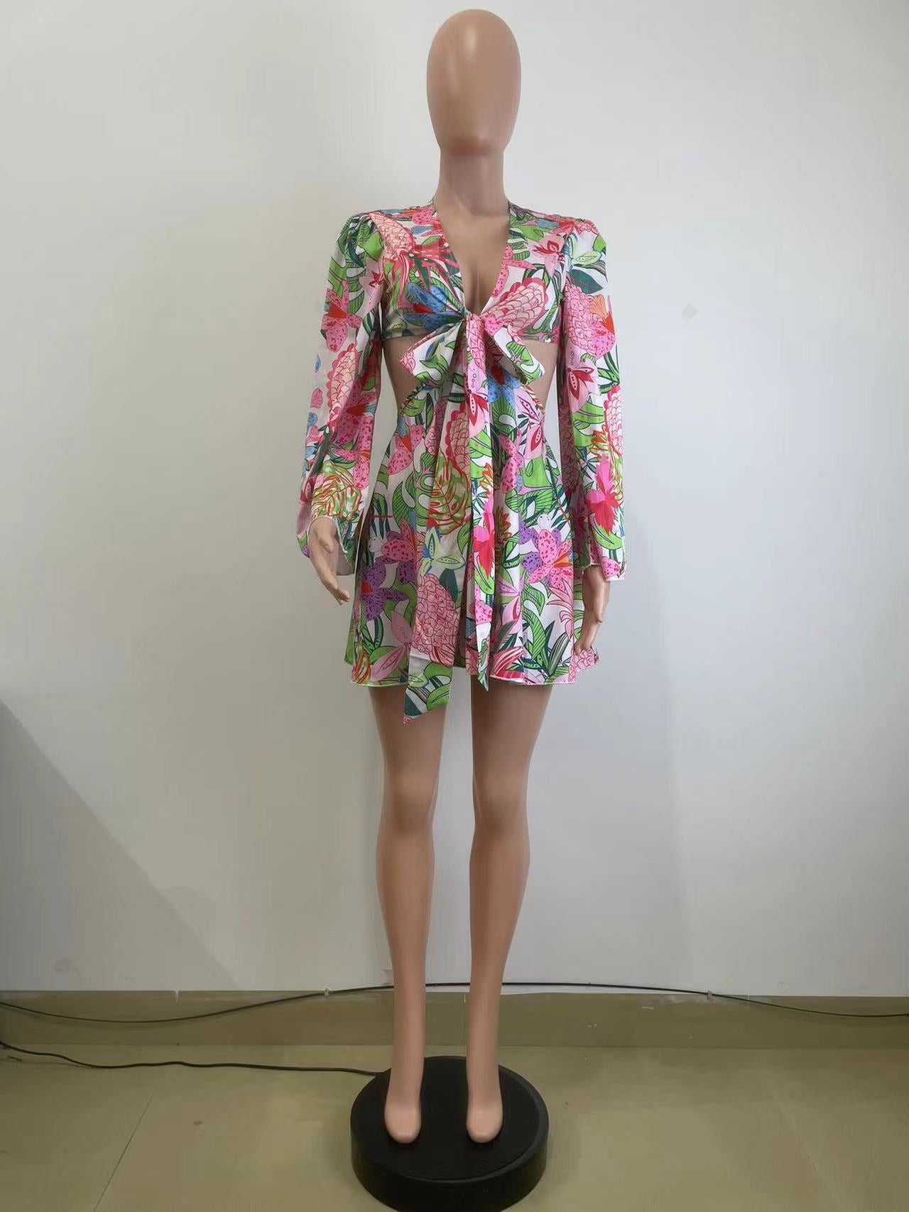 Women's Spring Summer Floral Deep V Bell Bottom Sleeve Tied Crop Top Short Skirt Two-Piece Set 20