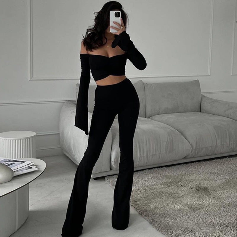 Women Off Shoulder long-sleeved Top Bell Bottom Pant two-piece set 3