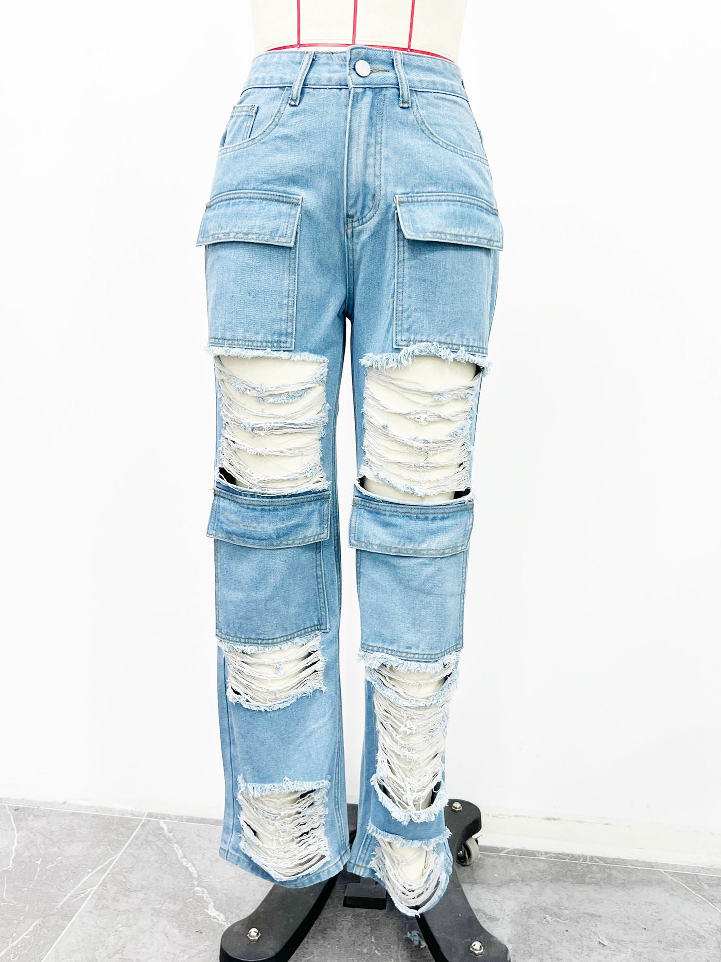 Women Casual Ripped Denim Wide Leg Pants 8