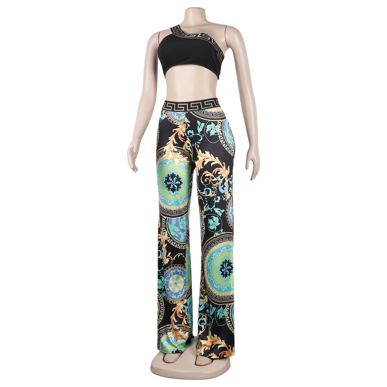Sexy Slim Print Slash Shoulder Sleeveless Crop Top Pants Two-Piece Nightclub Suit 10