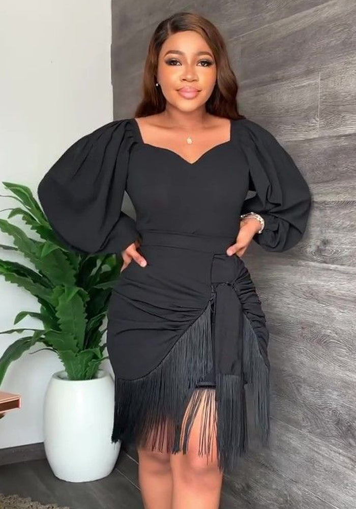 Women's Autumn Solid Color Long Sleeve Fringe Dress