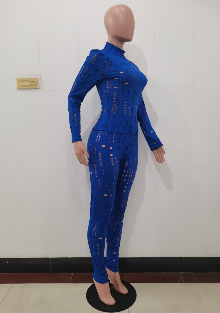Spring Blue Sexy Hollow Out Tight Top and Pants Two Piece Set 5