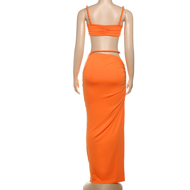 Women Spring Sexy Solid Backless Top and Bodycon Skirt Two-piece Set 16