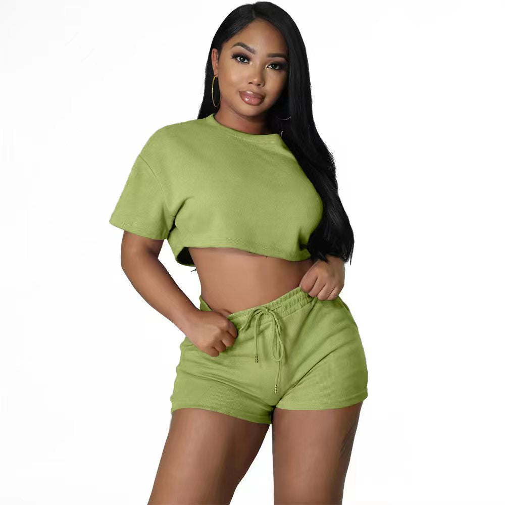 Women sports Casual Solid Crop Top and Shorts two-piece set 10