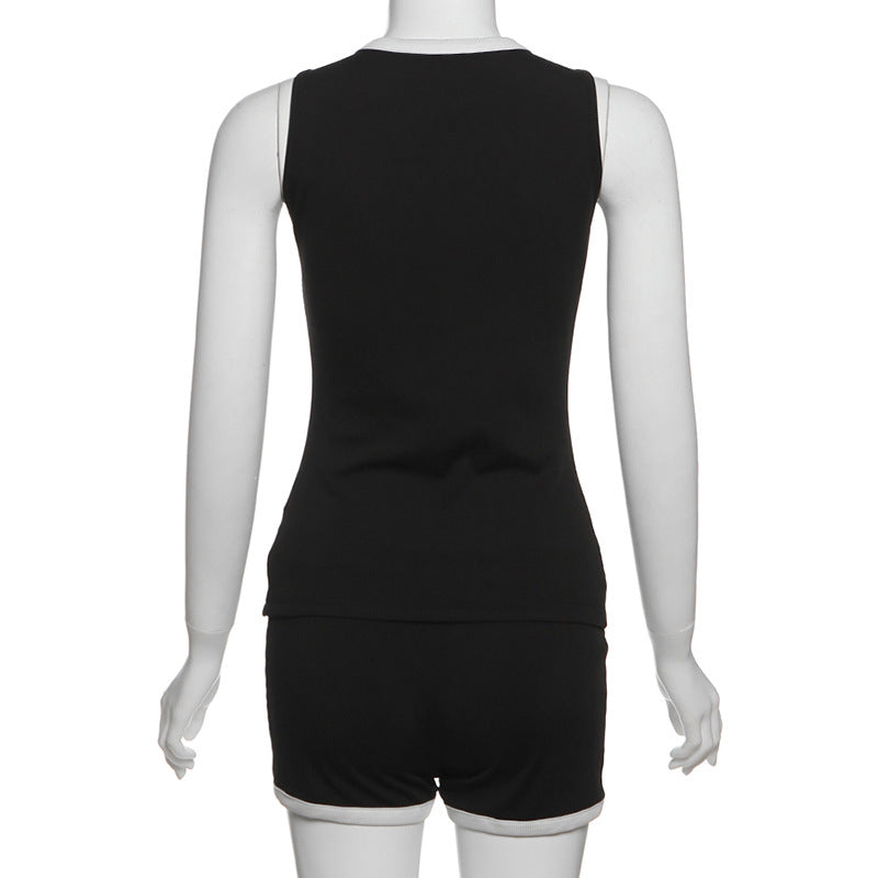 Spring Chic Sexy Women's Contrast Color Sleeveless Button Top Slim Shorts Set 9