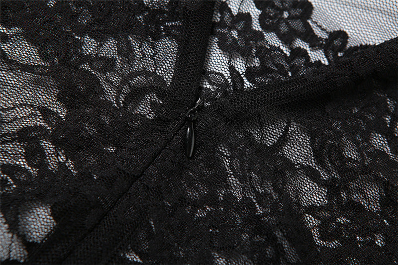 Women's Spring Summer Style Street Sexy See-Through Round Neck Long Sleeve Lace Tight Fitting Jumpsuit 12