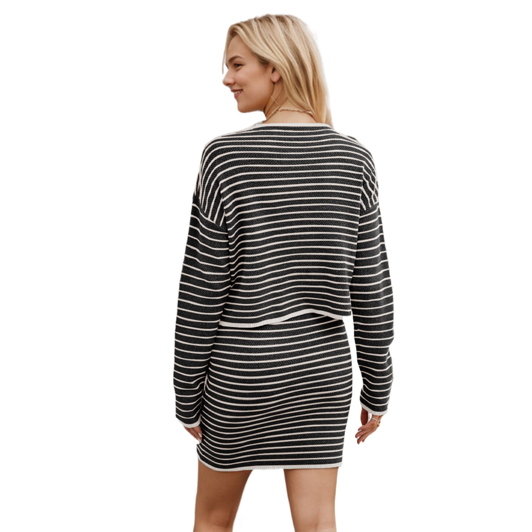 Women Autumn and Winter Knitting Cardigan Stripe Top and Skirt Casual Two-Piece Set 7