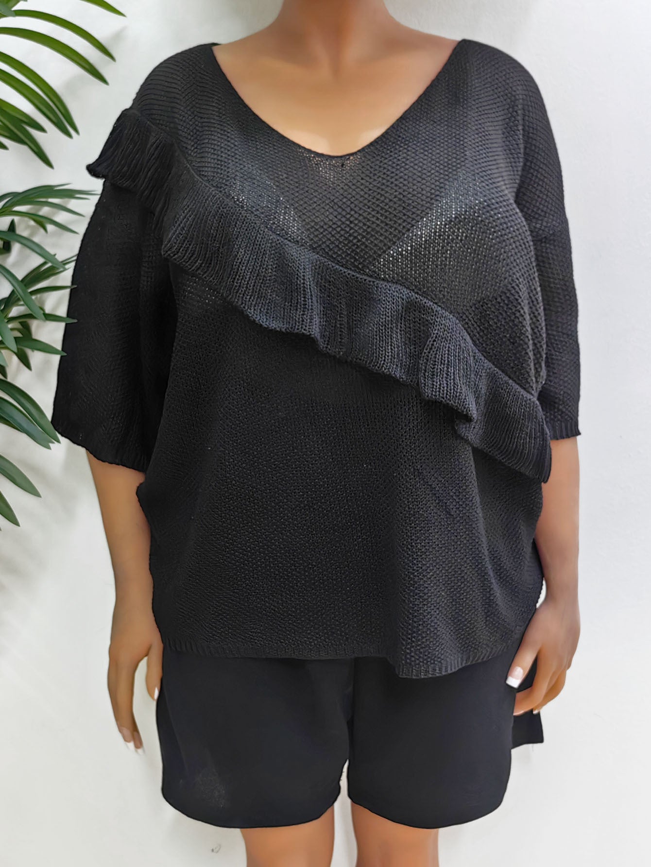 Plus Size Women Quarter Sleeve Top Ruffled Loose Sweater