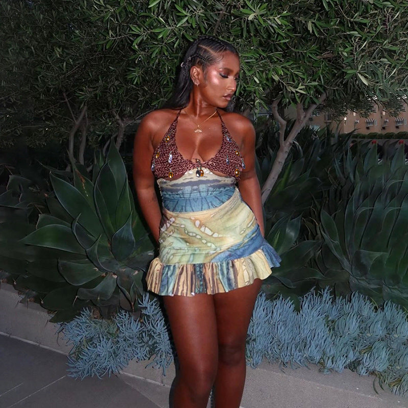 Summer Women sexy print backless strapless top and skirt two-piece suit 4