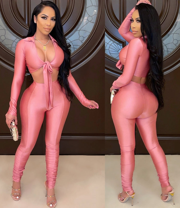 Autumn Pink Crop Top and Stacked Pants 2PC Set