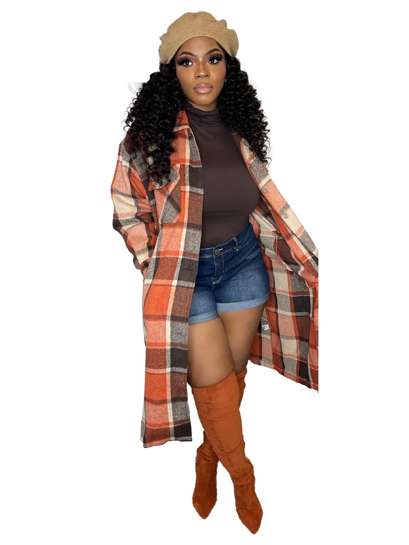 Women Autumn and Winter Loose Plaid Long Shirt Coat
