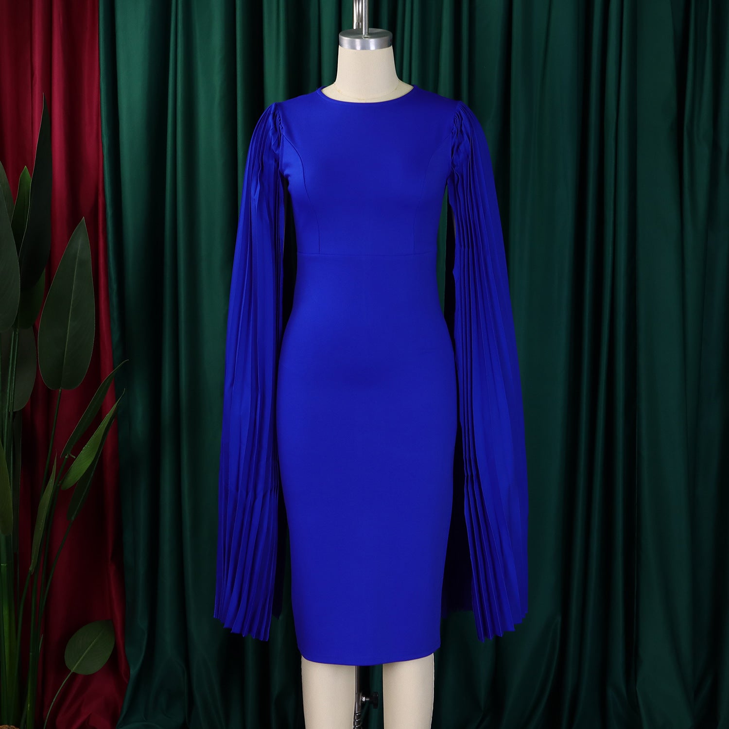 Women's Fashion Solid Color Round Neck Pleated Shawl Sleeve Formal Party Evening Dress 16