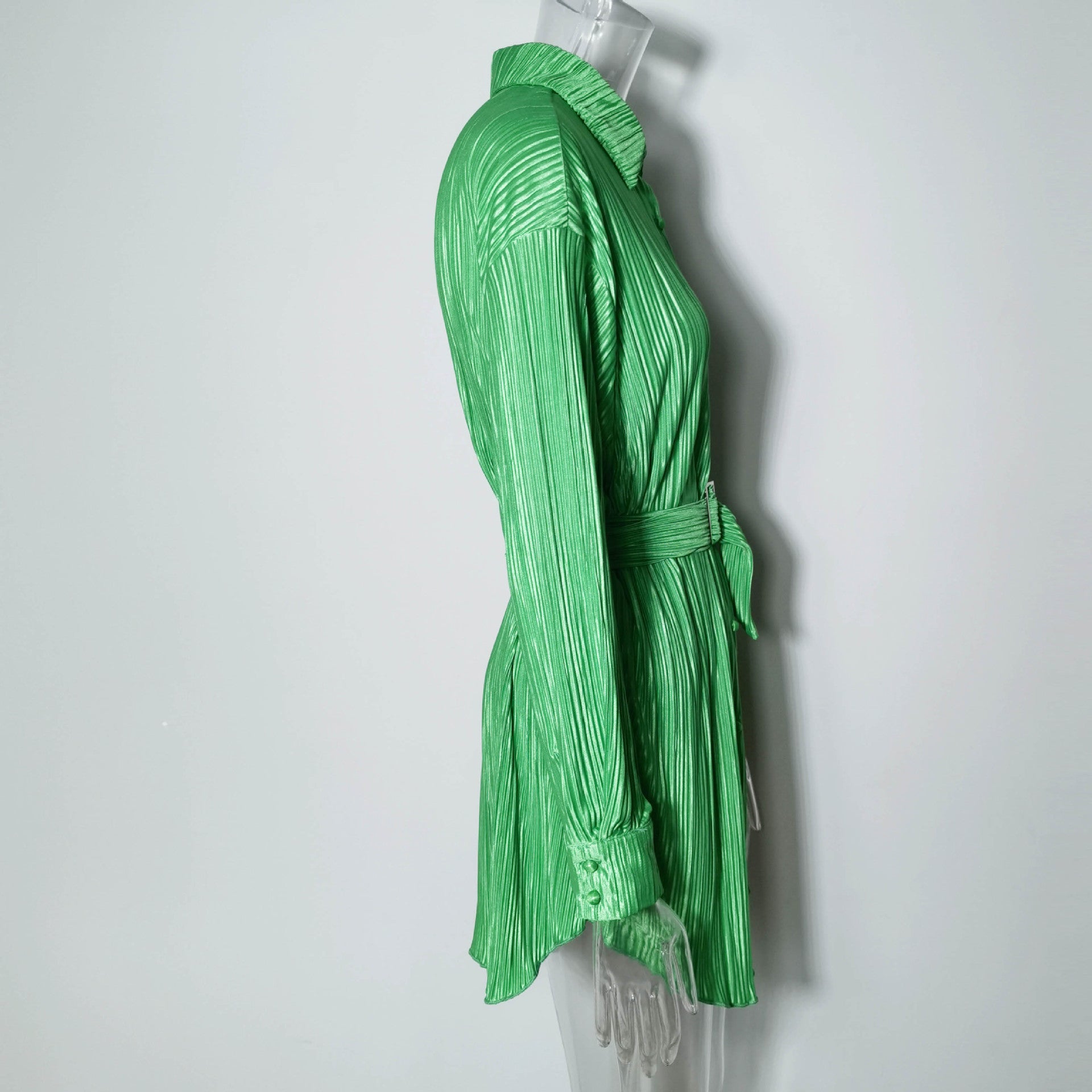 Women Pleated Long Sleeve Belted Shirt Dress 19