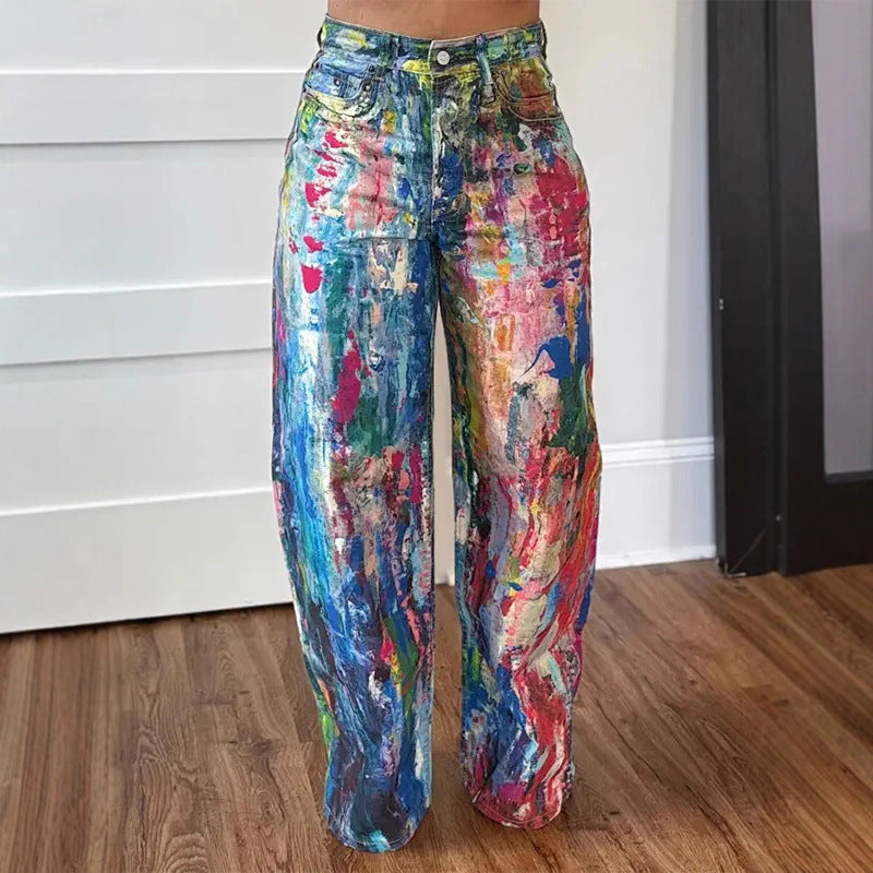 Women's Fashion Casual Straight-Leg Painted Stretch Denim Pants 5
