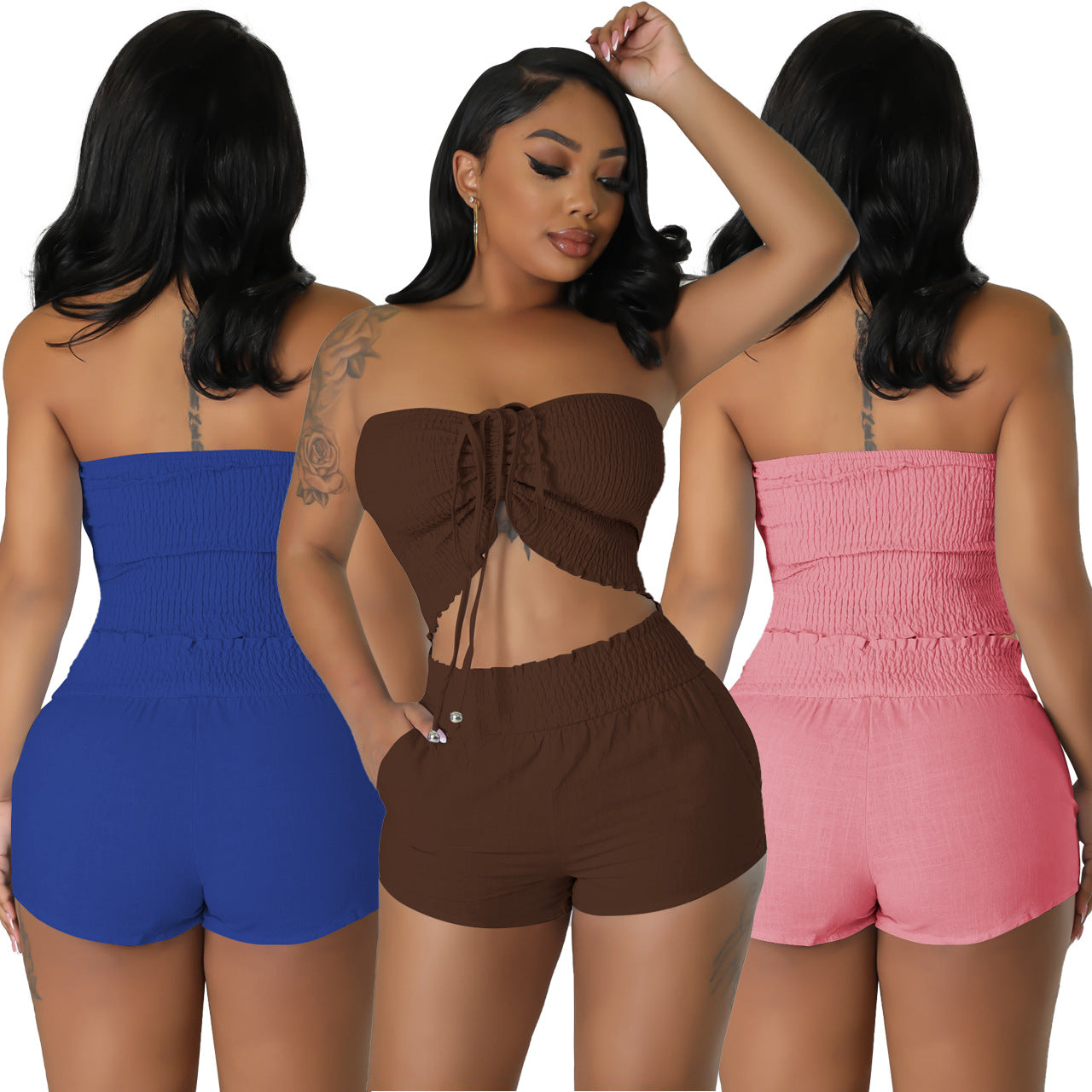 Women Sexy Off Shoulder Drawstring Crop Top and Shorts Two-Piece Set 3