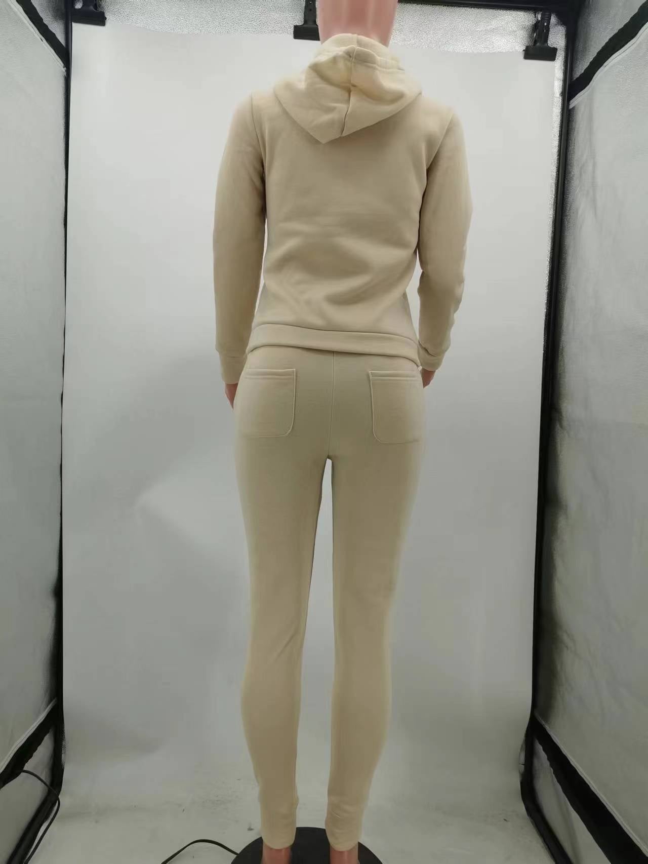 Women's Fashion Winter Fleece Drawstring Letter Print Hoodie Two-Piece Set with Pockets 15