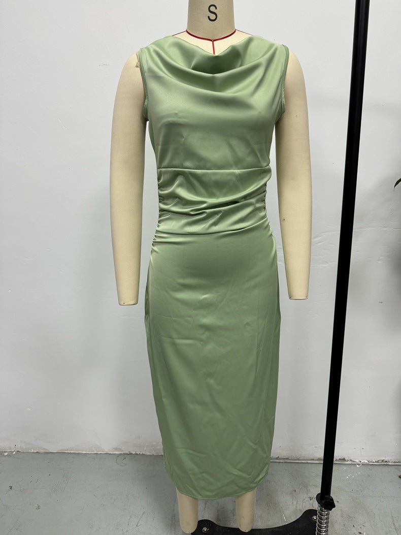 Women Spring and Summer Pleated Sexy Satin Maxi Dress 5