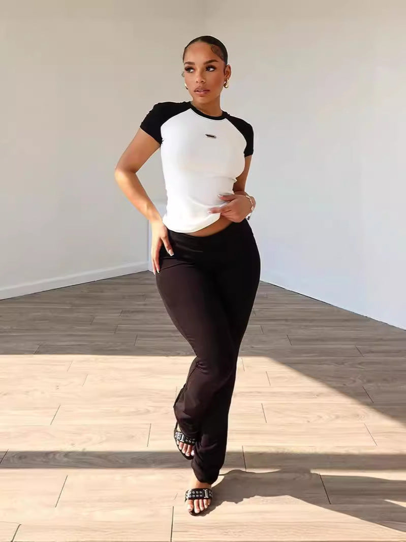 Women's Spring Summer Color Matching Sports Dance Fitness Yoga Short-Sleeved Two-Piece Pants Set 4