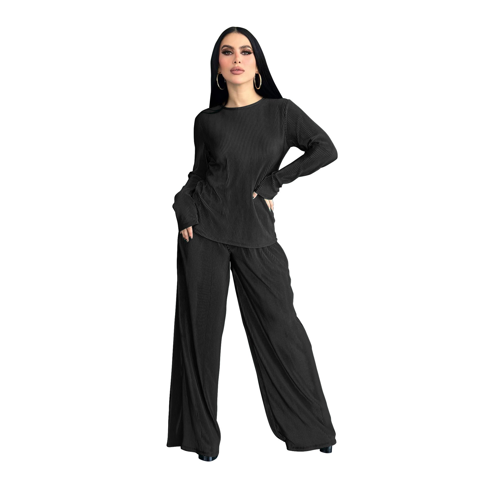Women Loose Solid Long Sleeve Top and Wide Leg Pants Two-piece Set 5