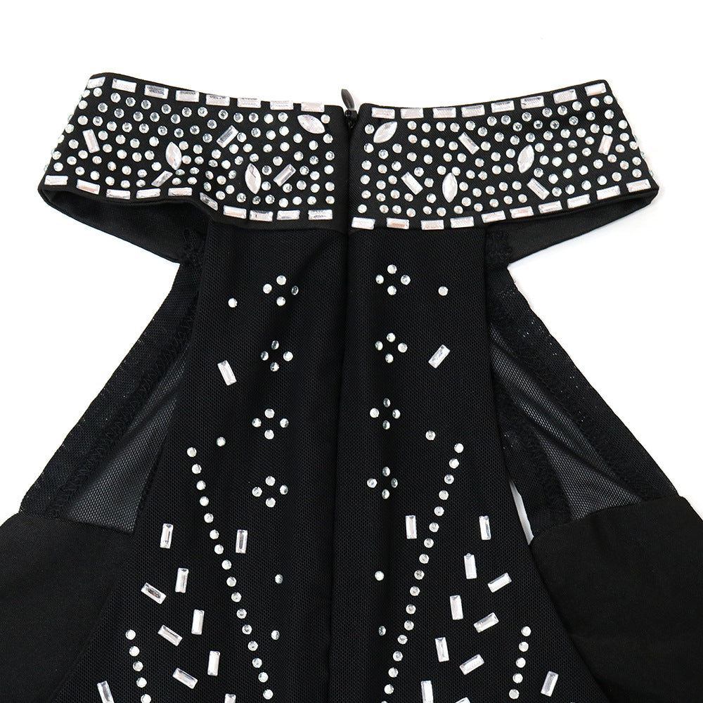 Sexy Cutout Beaded Sexy See-Through Zippered Jumpsuit Slim Fit Sleeveless Trousers 16