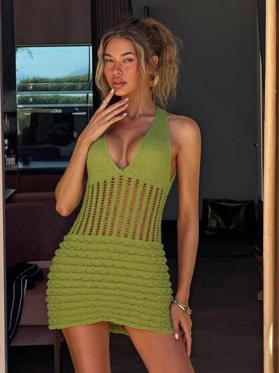 Women Summer Sexy V-Neck Halter Neck Hollow Backless Knitting Dress