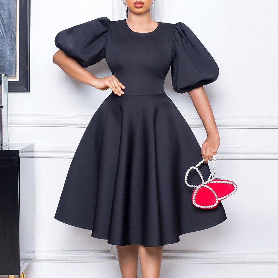 Retro Round Neck Chic Puff Sleeve Slim Waist A-Line Swing Party Dress 9