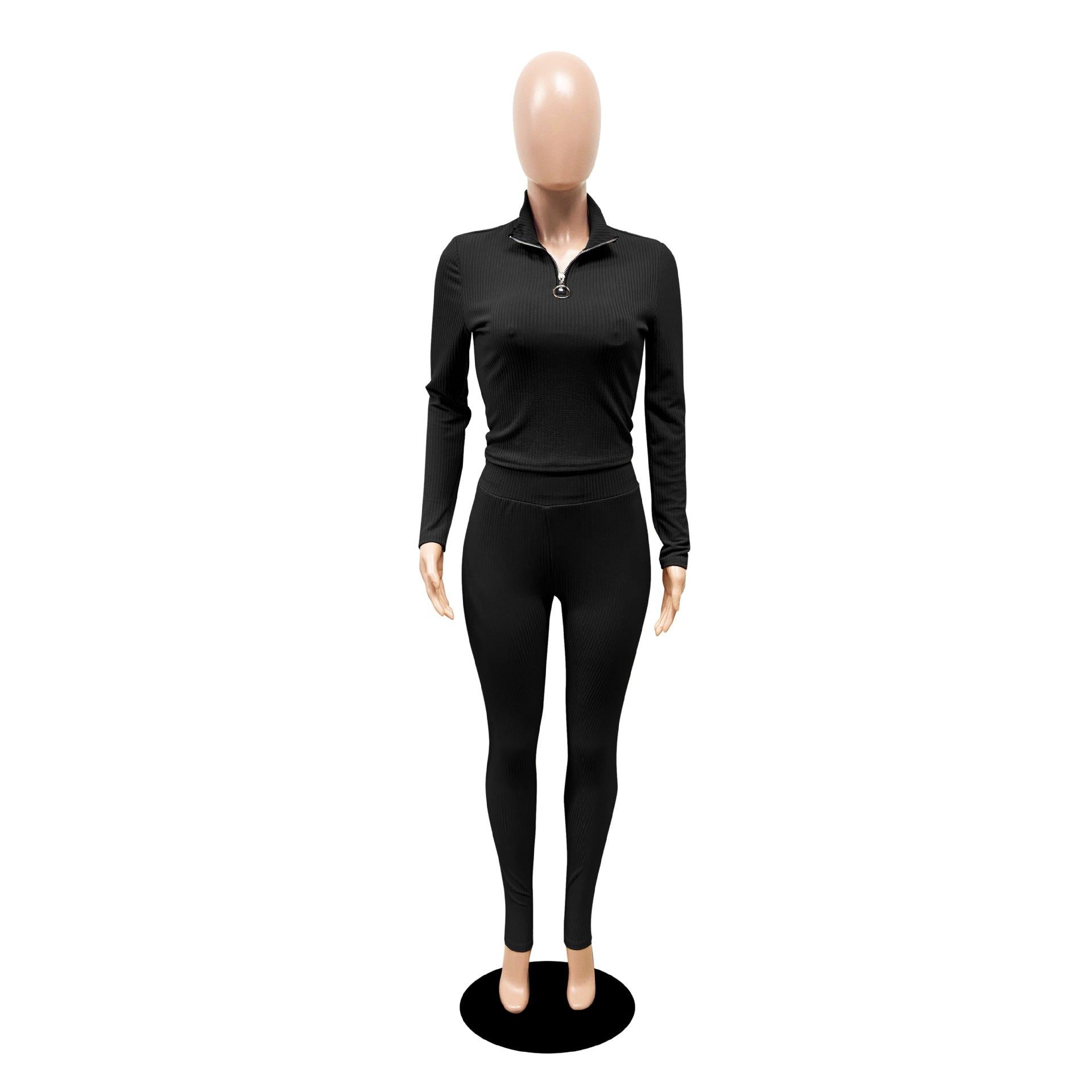 Women's Autumn Solid Color Ribbed Zipper Long Sleeve Tight Slim Sport Two Piece Pants Set 17