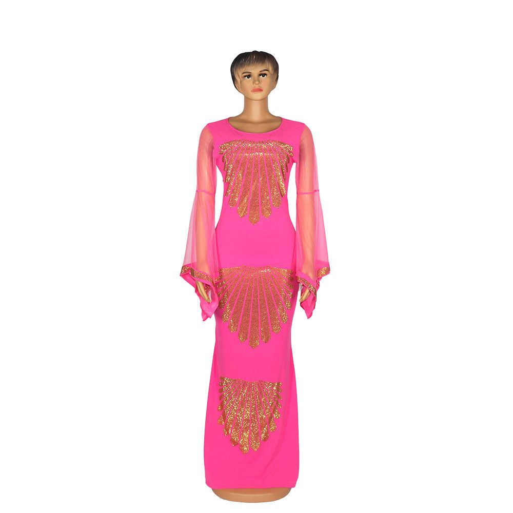 African Fashion Mesh Bell Bottom Sleeve Beaded Fishtail Plus Size Long Dress 7