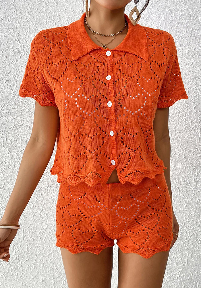 Women's Turndown Collar Top Mini Bodycon Shorts Beach Cover-Up Two-Piece Set