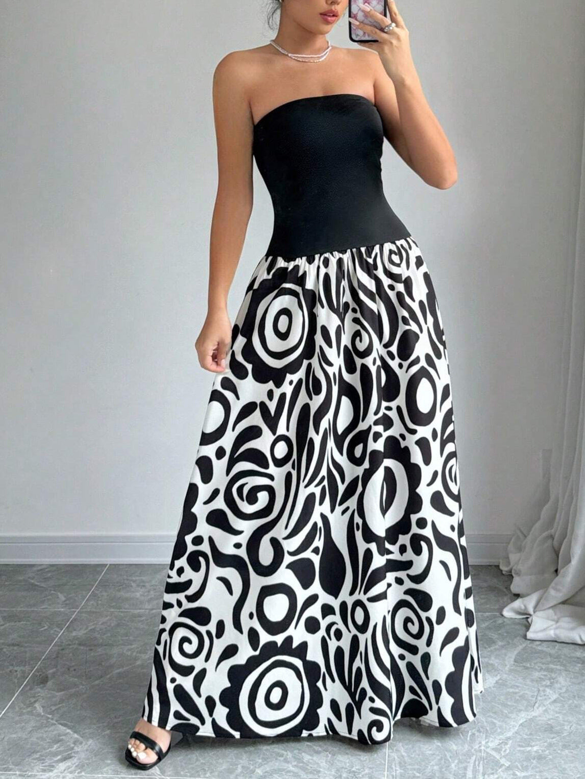 Women Patchwork Geometric Print Backless Strapless Dress 4