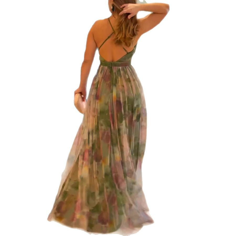 Spring/Summer Print Mesh Strap Casual Maxi Dress for Women 6