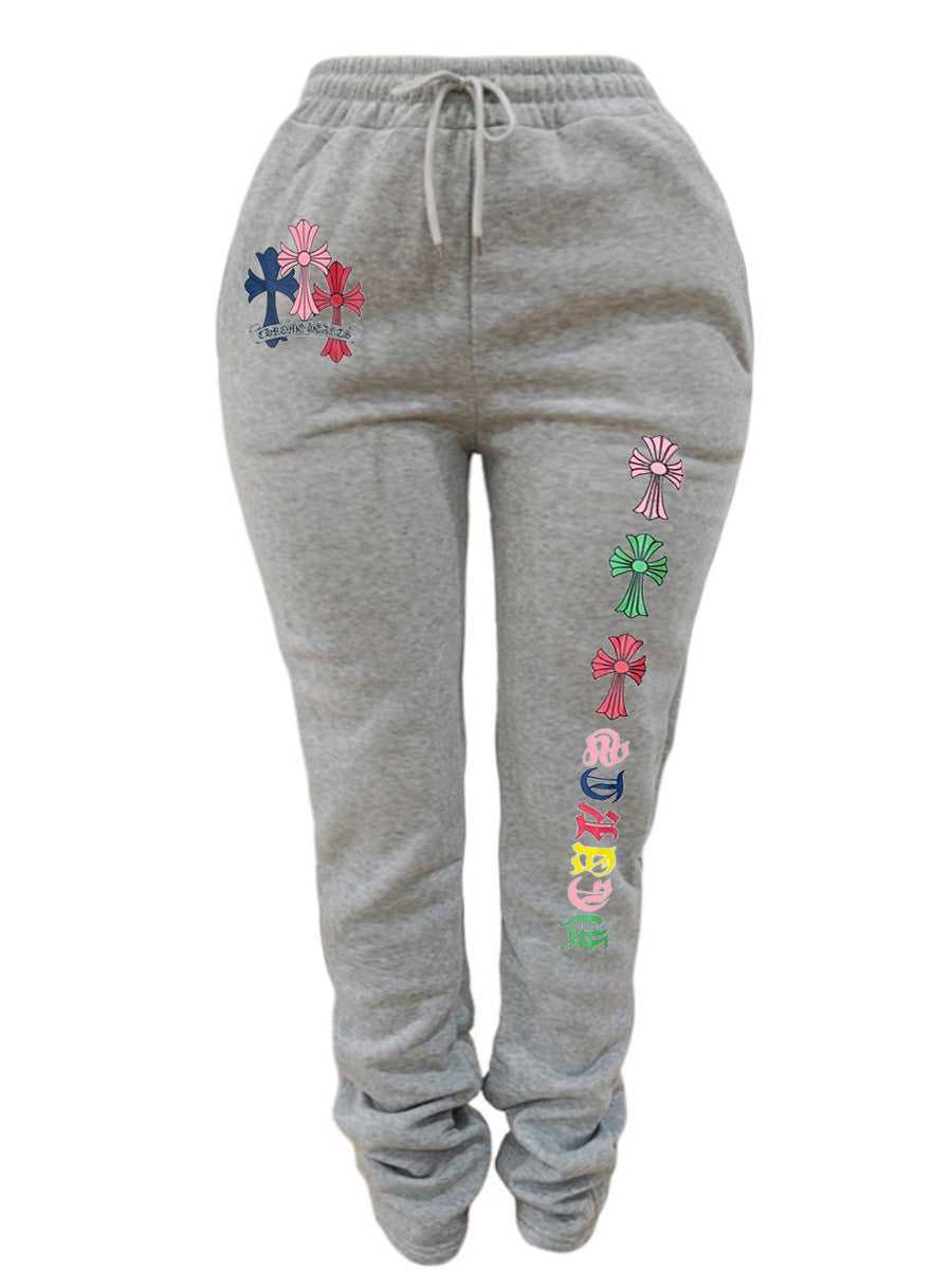 Women Sports Casual Printed Drawstring Pocket Stacked Pant 4