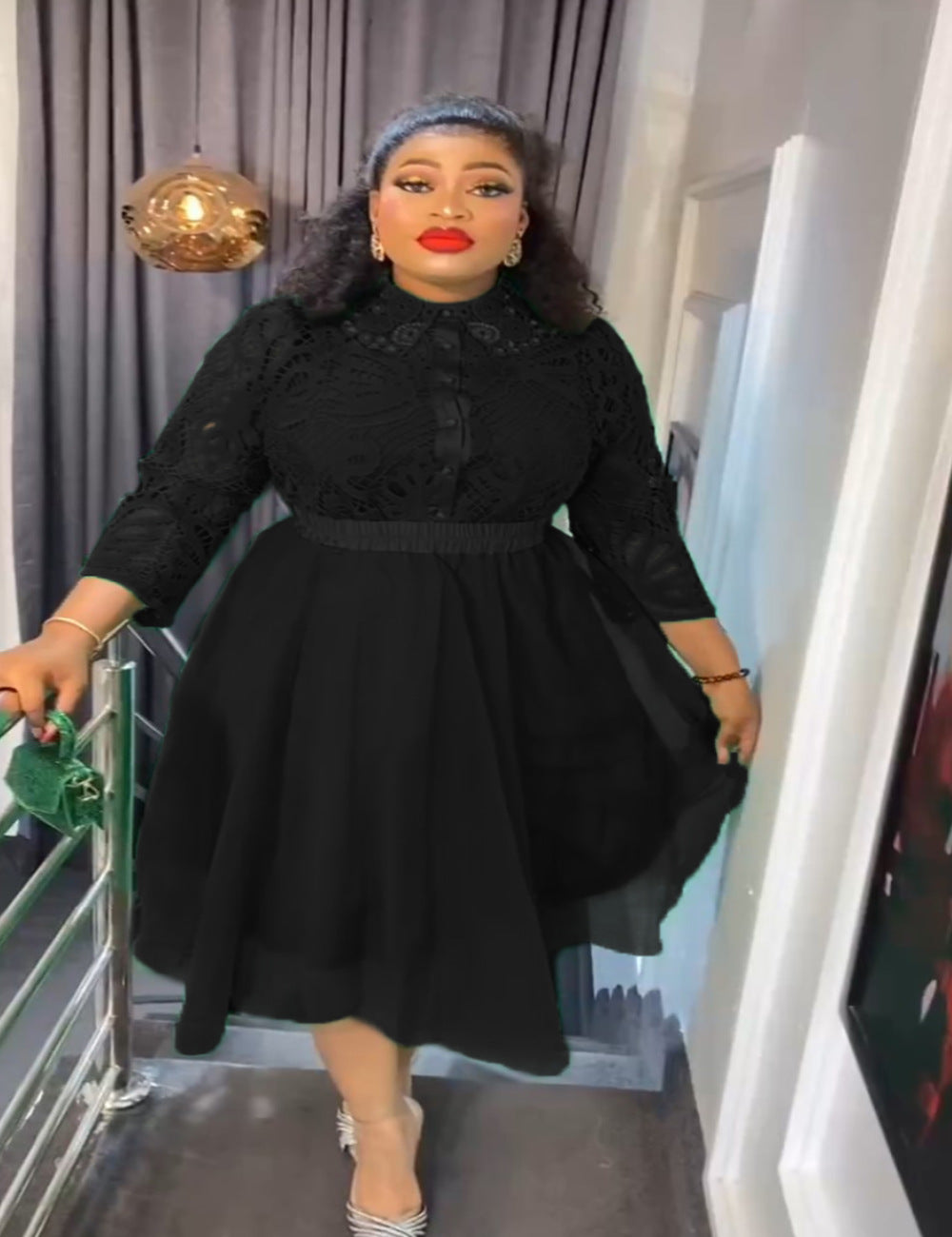 Africa Plus Size Women Lace Turndown Collar Dress Three-Piece 7