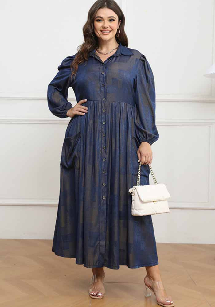 Plus Size Women Button Turndown Collar Long Sleeve Maxi Dress