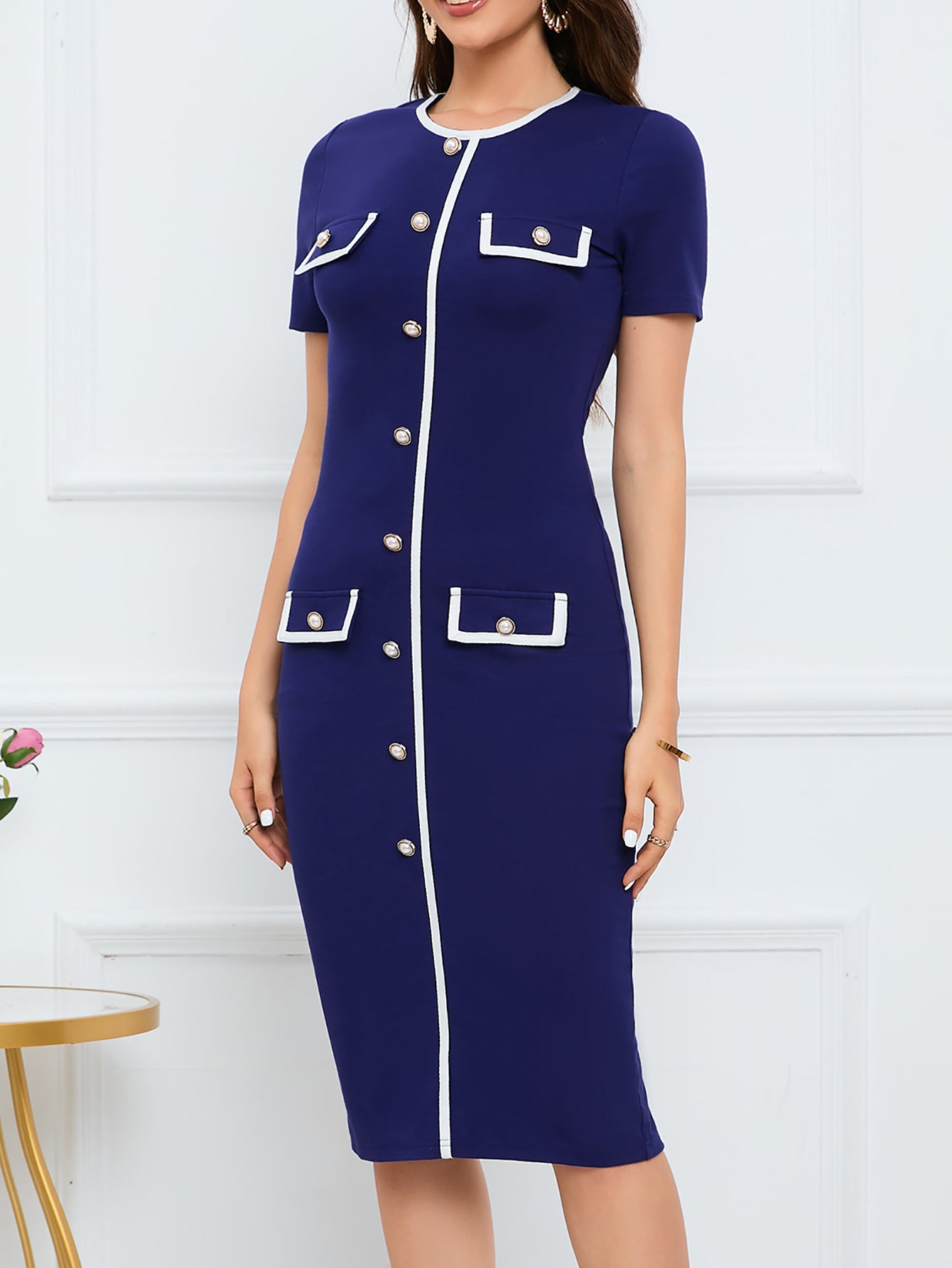 Women Contrast Button Round Neck Short-Sleeved Knitting Dress 6