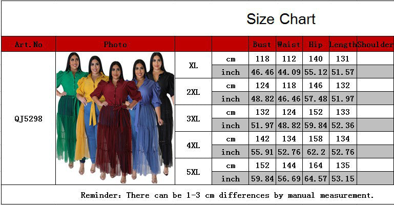 Plus Size Women Chiffon Puff Sleeve Mesh Patchwork Ruched Dress 14